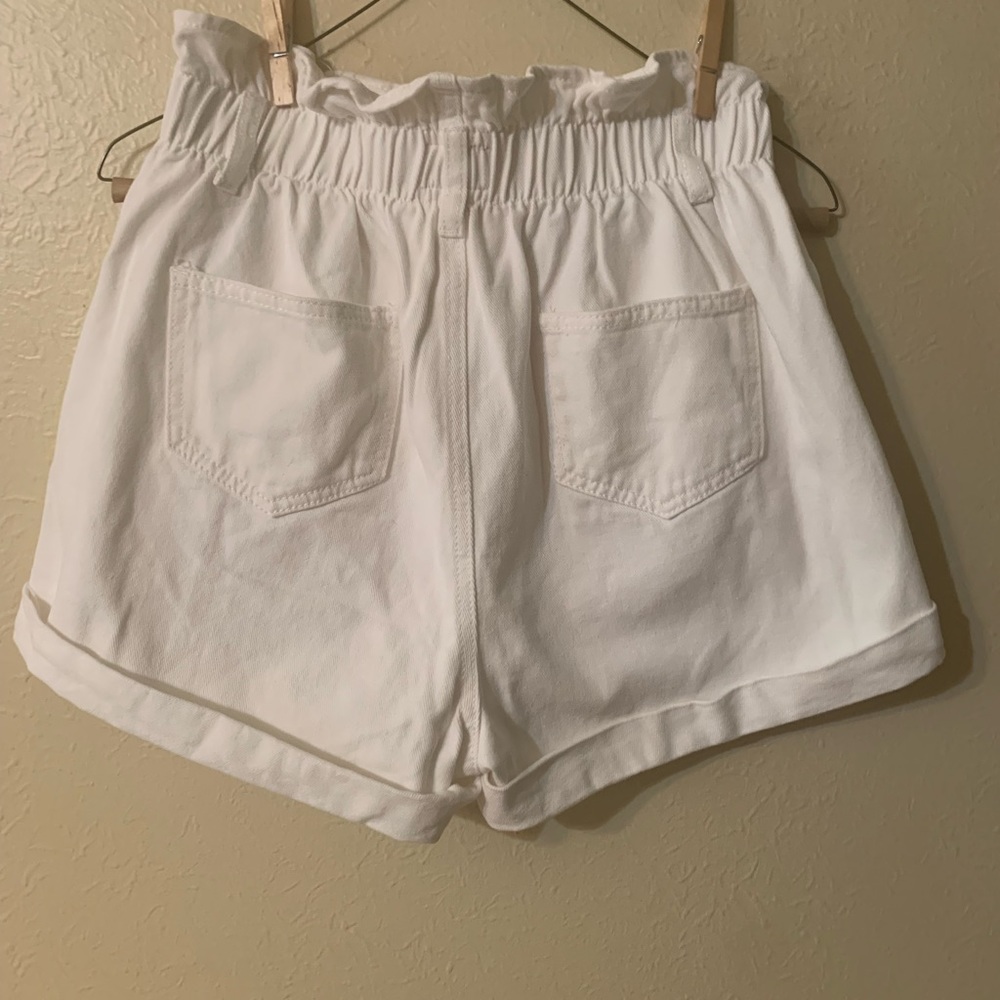 Denim Blvd high rise paper bag waist white denim shorts - Picture 2 of 6